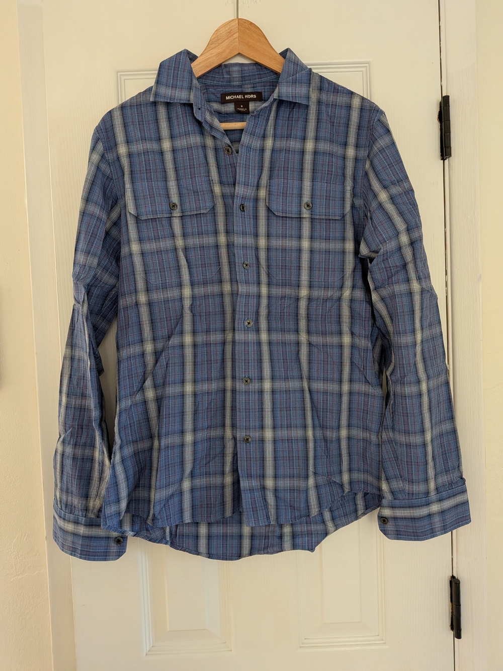 Michael Kors Mens Blue Plaid LS Double Front Pocket Button Up Shirt Size S